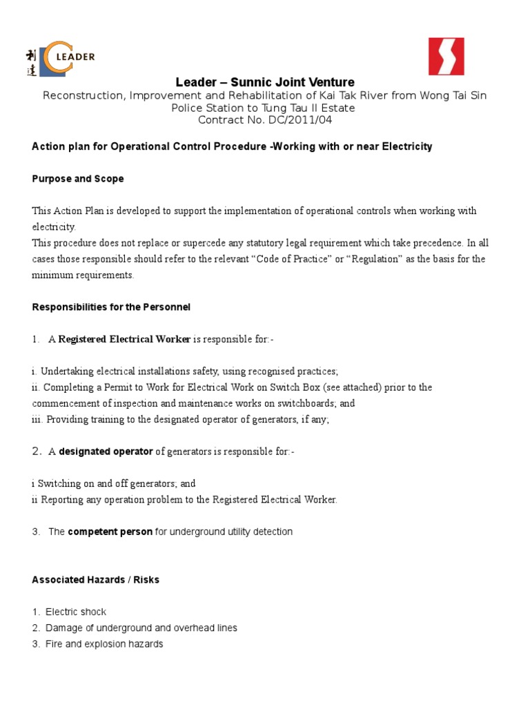 Action Plan For Operational Control Procedure Safety Occupational 