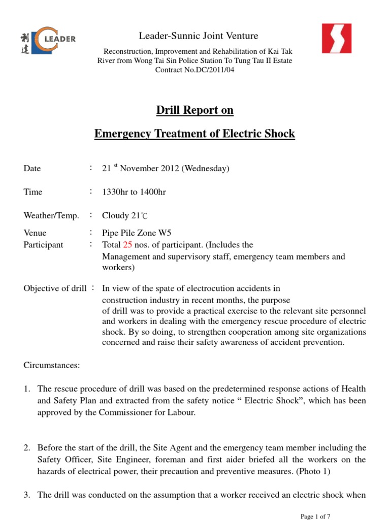 Drill Report On Emergency Treatment of Electric Shock LSJV  PDF Regarding Fire Evacuation Drill Report Template