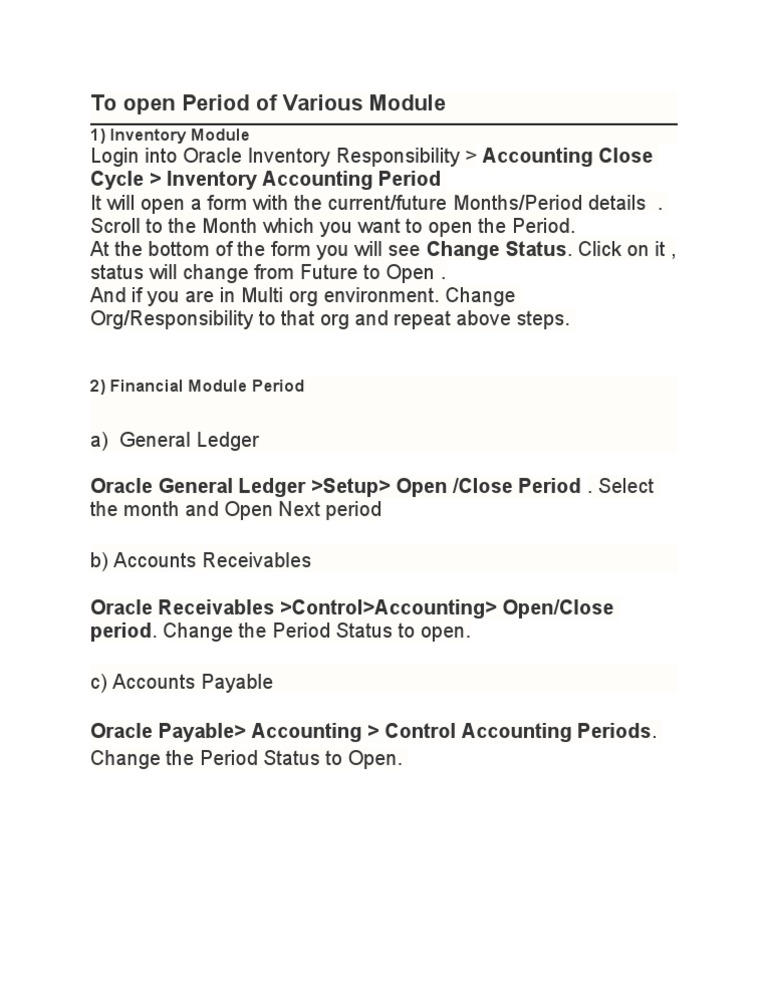 Opening Periods in Oracle R12 Modules | PDF | Finance & Money Management