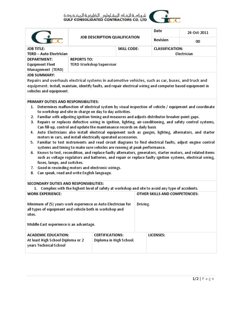 Auto Electrician Job Description PDF Electrician Ignition System