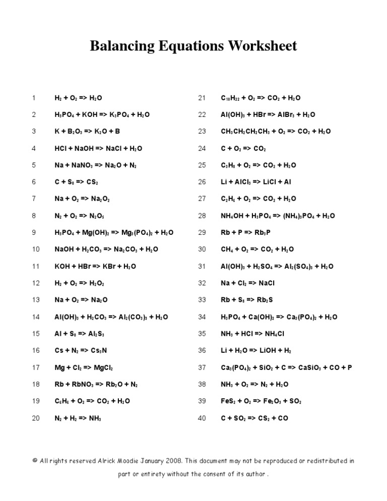 Balancing Chemical Equations Worksheet | PDF