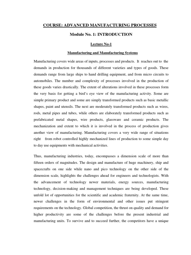 Course Advanced Manufacturing Processes Module No. 1 INTRODUCTION