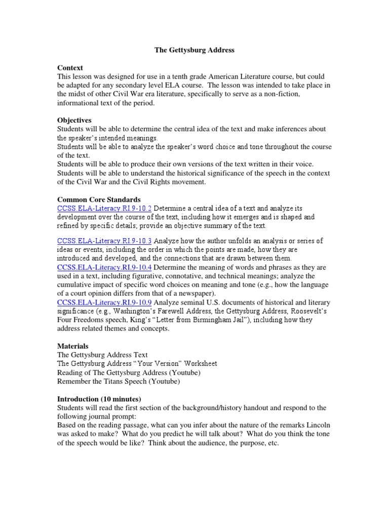 Gettysburg address lesson plan