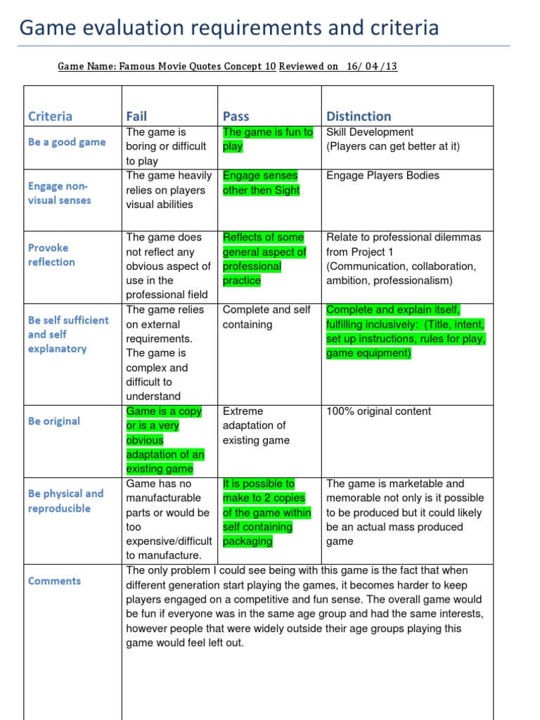 Game Evaluation Criteria Guide | PDF