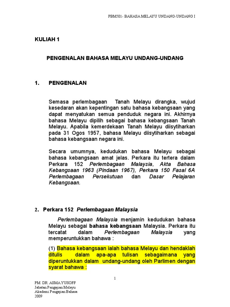 Kuliah 1 Pbm 501 Pengenalan Bahasa Melayu Undang Undang