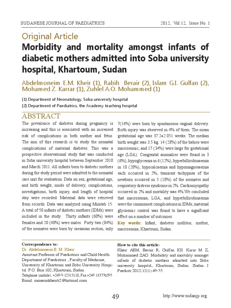 Morbidity and Mortality Amongst Infants of Diabetic Mothers Admitted