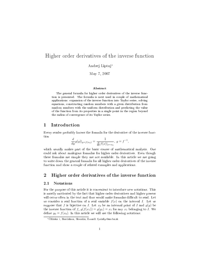 Worksheets Higher Order Derivatives Worksheet higher order derivatives of the inverse function pi mathematics