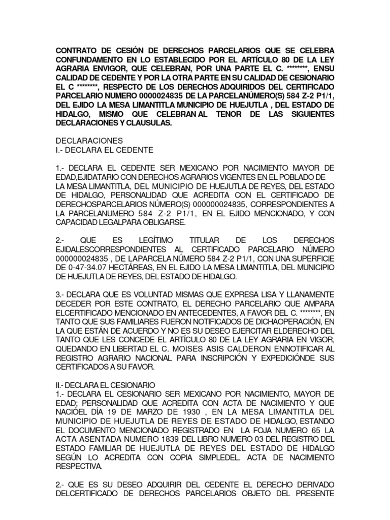 CONTRATO DE CESIÓN DE DERECHOS PARCELARIOS QUE SE CELEBRA