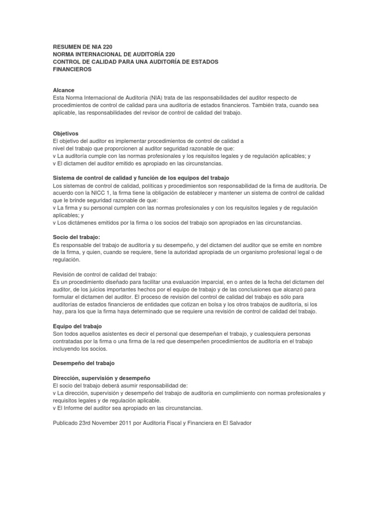 Resumen de Nia 220 Contralor Calidad