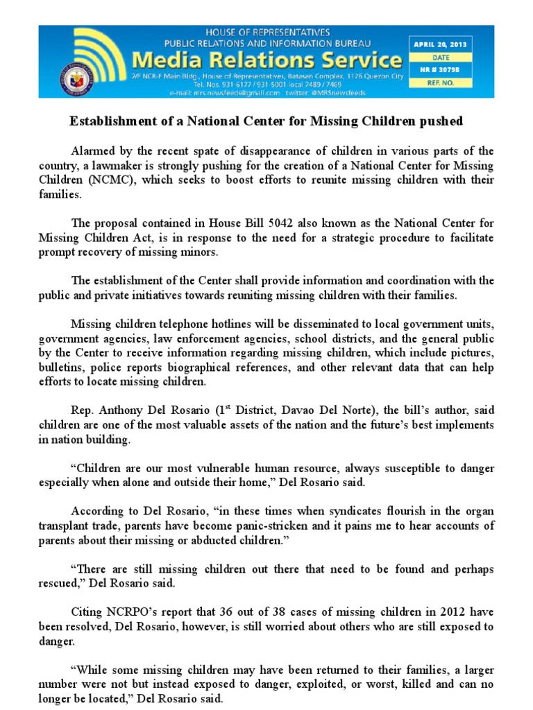 National Center for Missing Children Proposal | PDF | Government | Justice