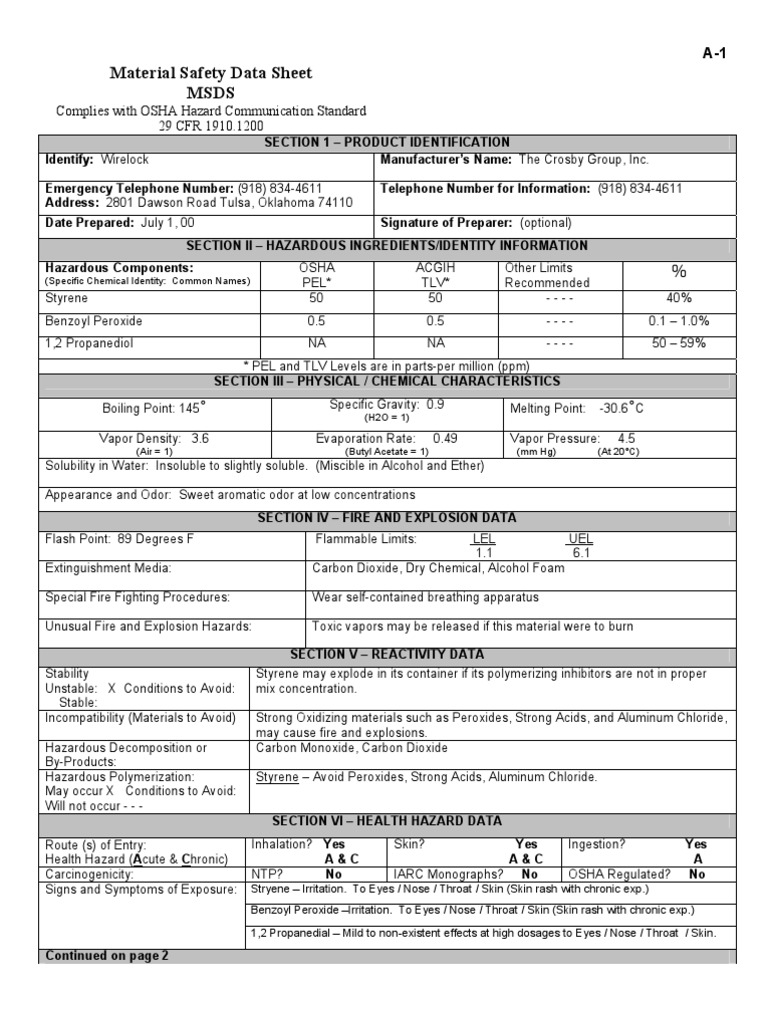 Material safety data sheet msds complies with osha hazard