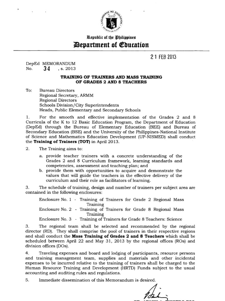 DepEd Memo No. 34, s. 2013Training of Trainers and Mass Training of