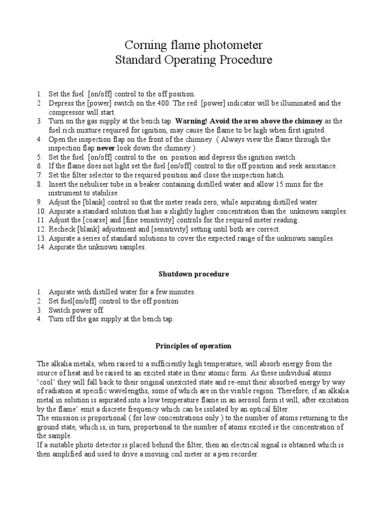 SOP Flame Photometer Corning 400 PDF Natural Philosophy Optics