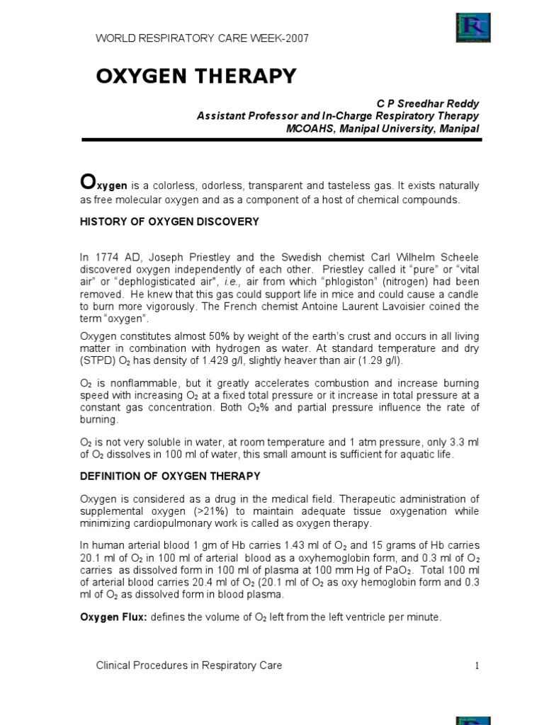 Oxygen Therapy PDF Oxygen Respiratory System