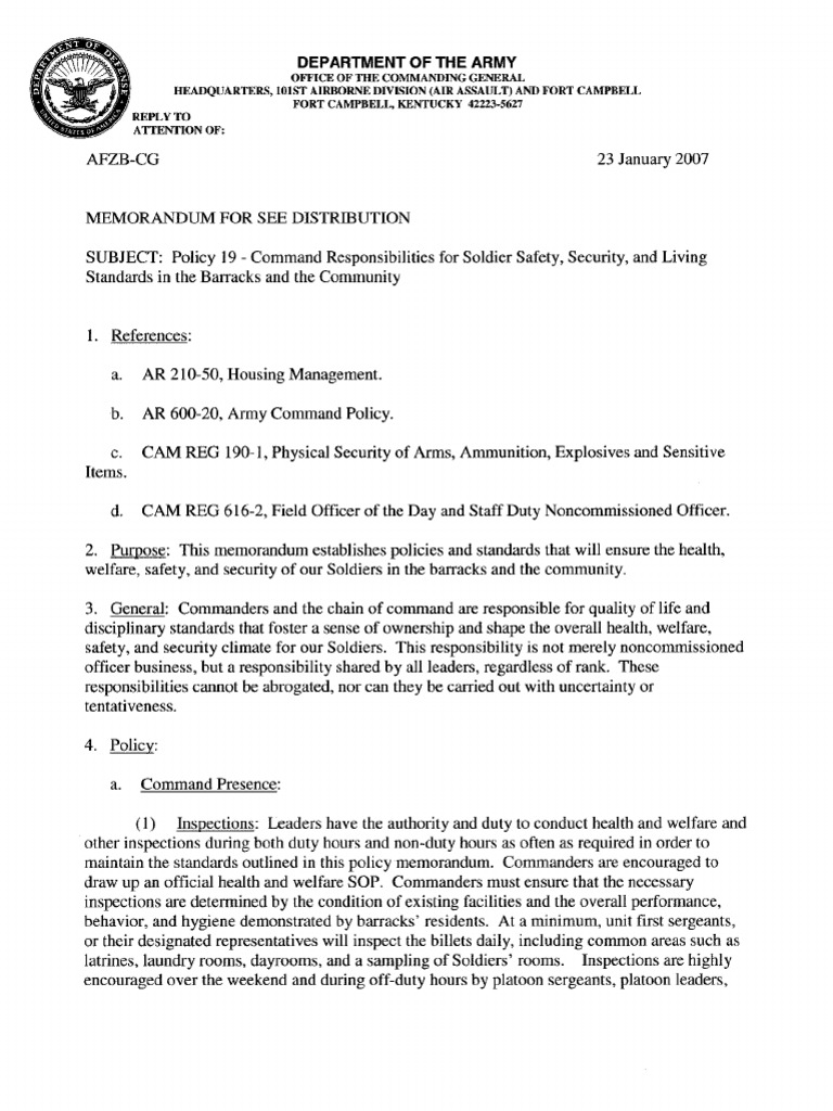 Fort Campbell Barracks Policy 19