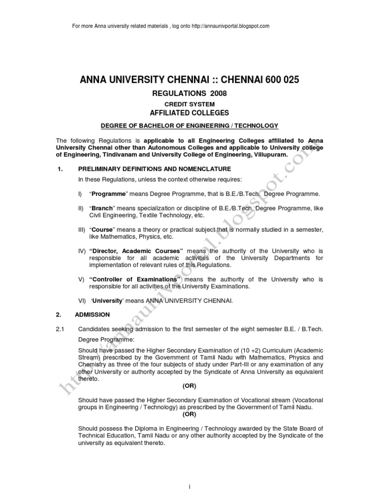 Anna University Engineering Regulations 2008 | PDF | Academic Degree ...
