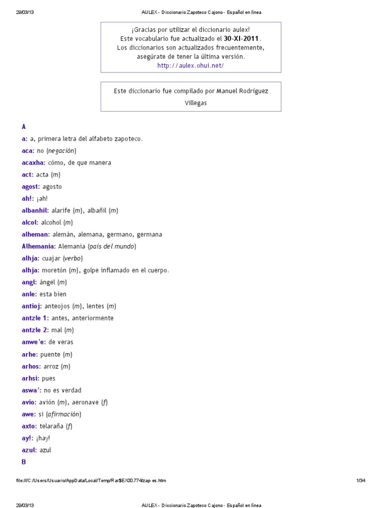 Aulex Diccionario Zapoteco Cajono Espanol En Linea Mexico Idiomas