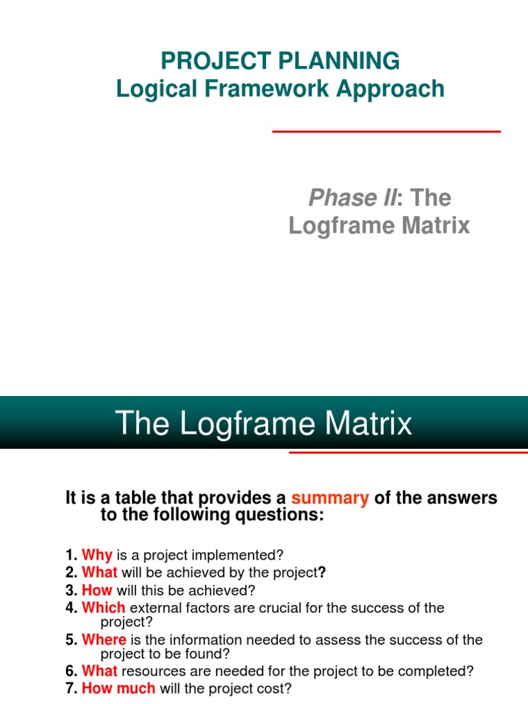 Project Planning Logical Framework Approach Phase II The PDF