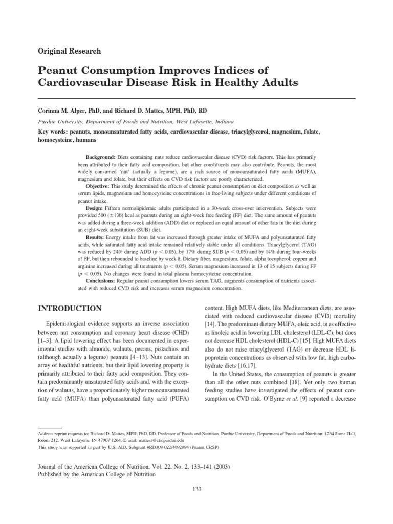 Peanut Consumption Improves Indices of Cardiovascular Disease Risk in