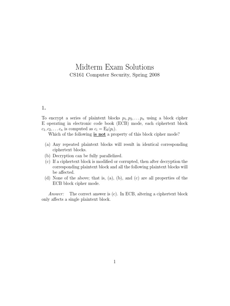 CS161 Midterm Exam Solutions | PDF | Key (Cryptography) | Security ...