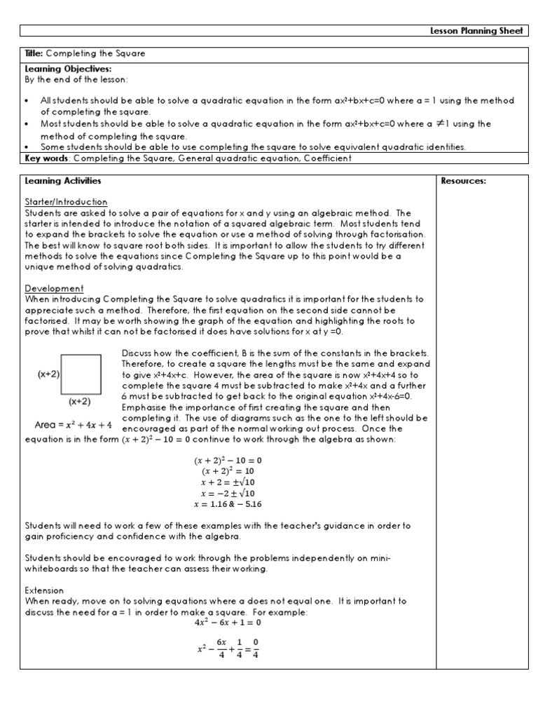 Lesson Plansquare Quadratic Equation Equations
