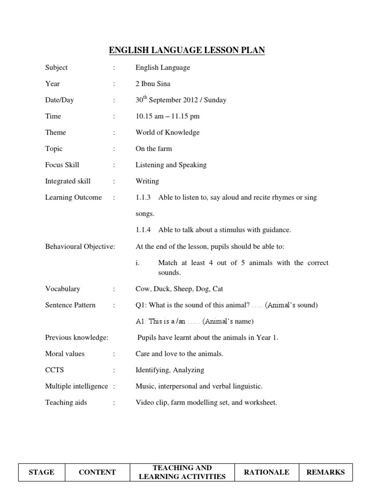 Farm Animals English Lesson Plan | PDF | Lesson Plan | Intelligence
