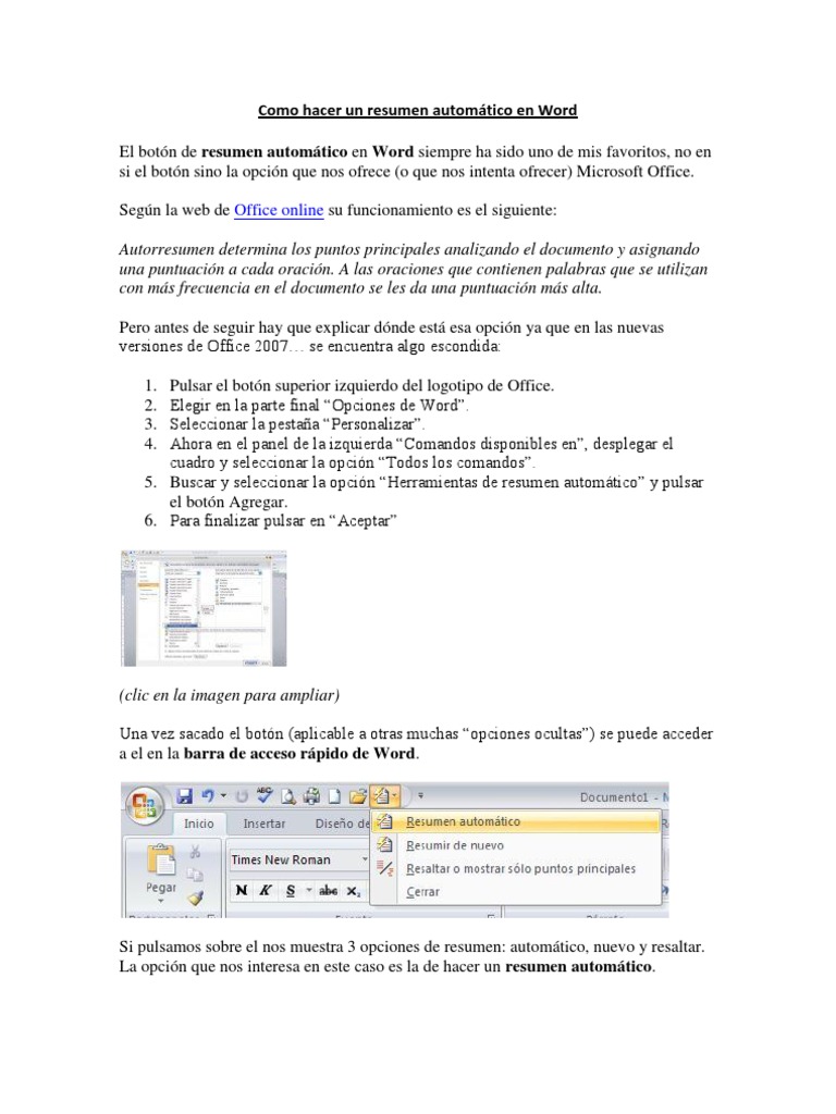 Como hacer un resumen automático en Word