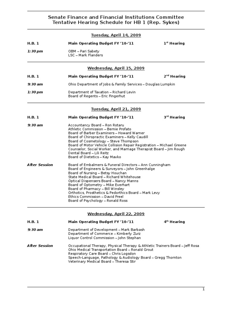 Tentative Budget Hearing Schedule 128 TH PDF United States Senate