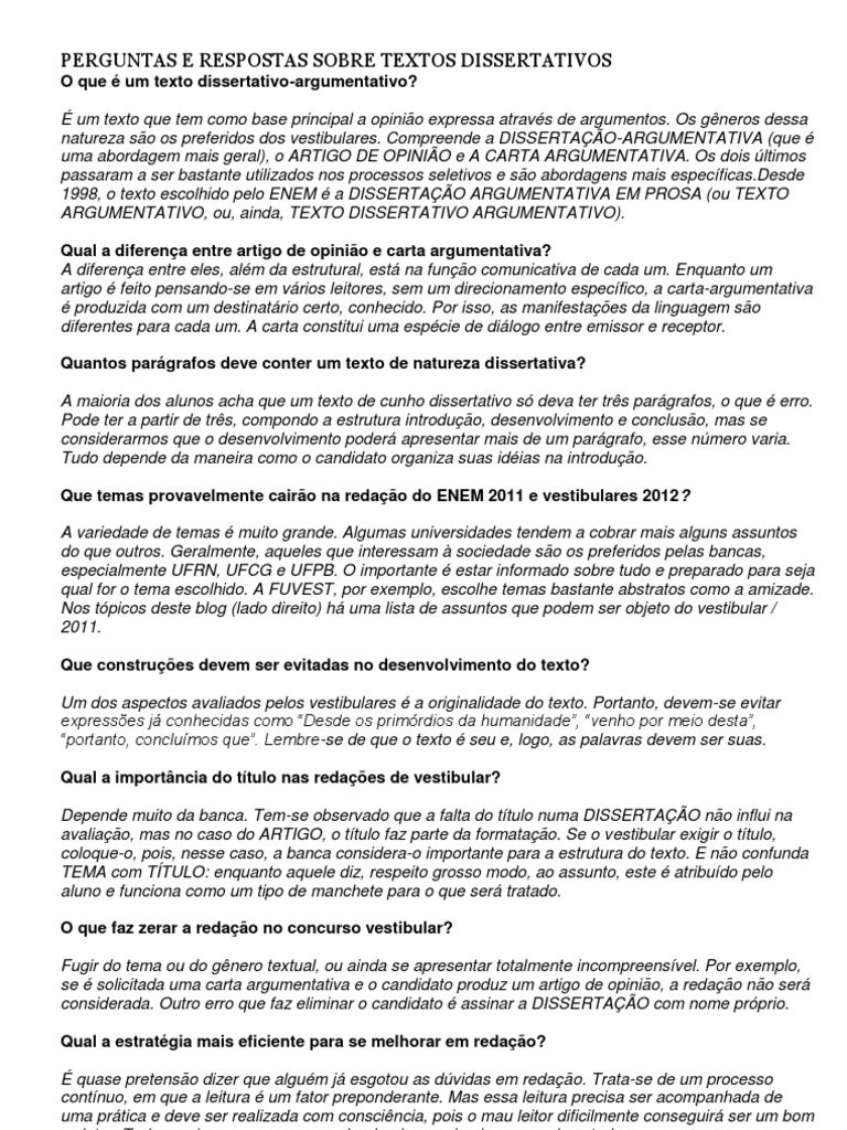 Perguntas e Respostas Sobre Textos Dissertativos