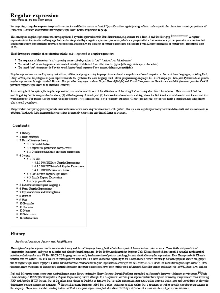 Regular Expression - Wik..., The Free Encyclopedia PDF | PDF | Regular  Expression | Formalism (Deductive)