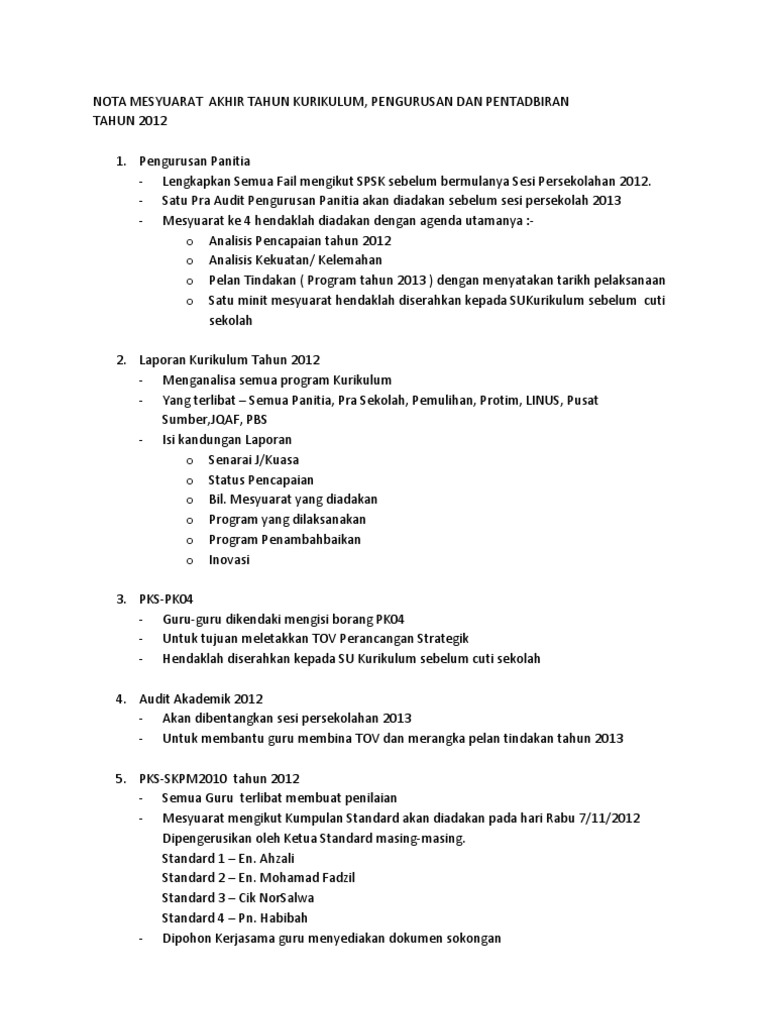Nota Mesyuarat Akhir Tahun Kurikulum Pdf