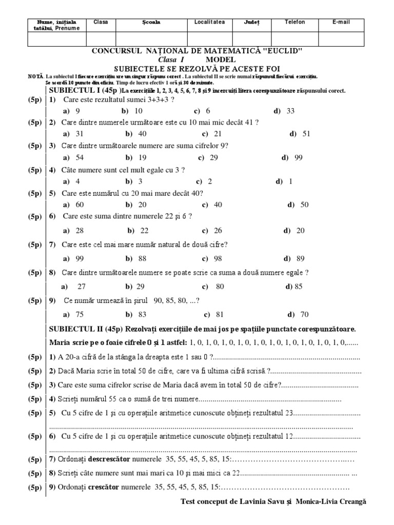 Subiecte Matematica EUCLID - Clasa I | PDF