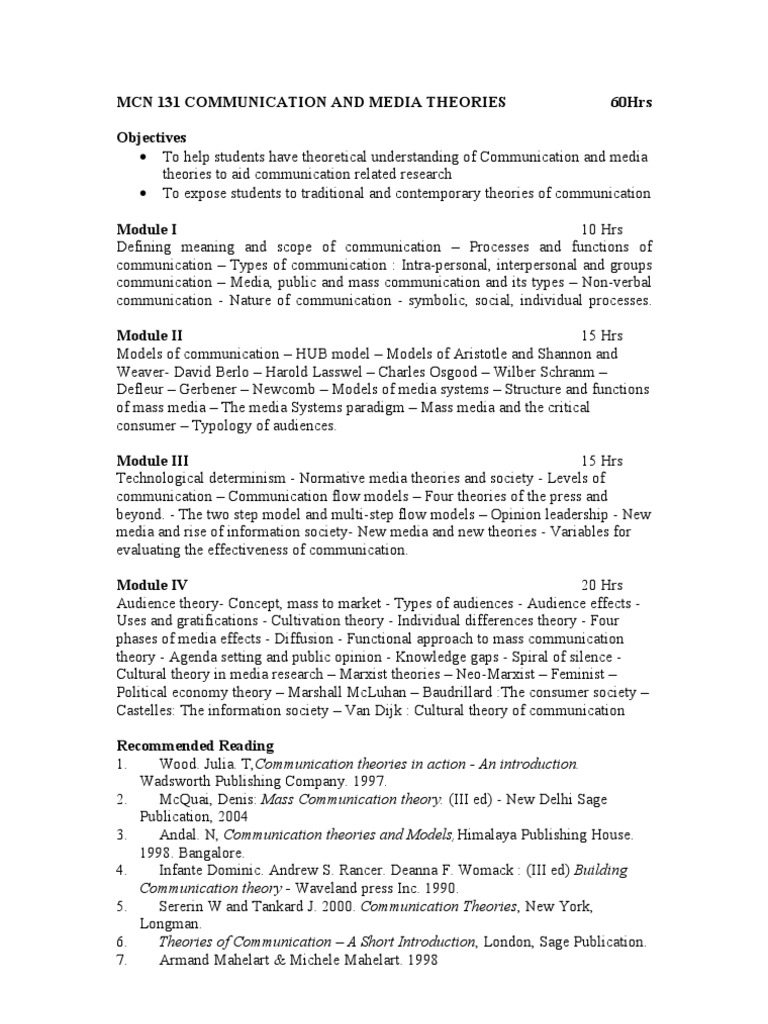 Communication and Media Theories Overview | PDF | Communication | Mass ...