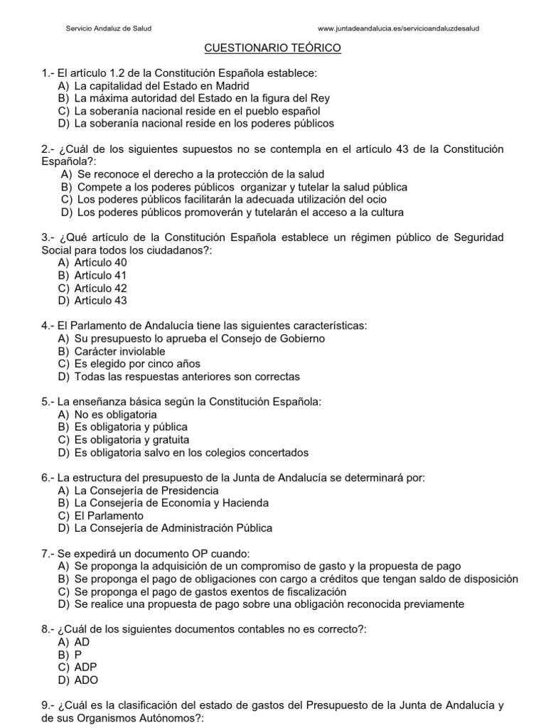 acento Color rosa cobija Examen Auxiliar Administrativo Servicio Andaluz Salud Sas 2009 | PDF |  Hospital | Derecho laboral