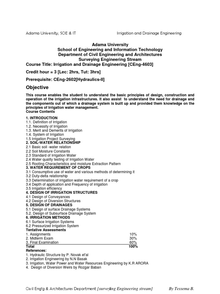 Irrigation & Drainage Engineering Houndout Adama University | PDF