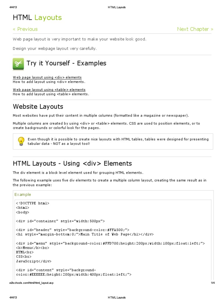 Layouts: Try It Yourself - Examples | PDF | Html Element | Page Layout