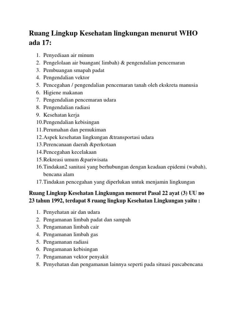 Ruang Lingkup Kesehatan Lingkungan Menurut Who Ada 17 Pdf