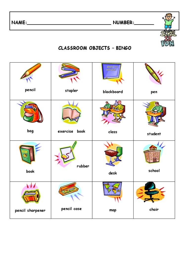 Classroom Objects Bingo Game | PDF | Games & Activities | Art