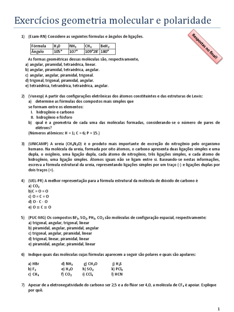 Exercícios de Geometria Molecular e Polaridade | PDF | Polaridade ...