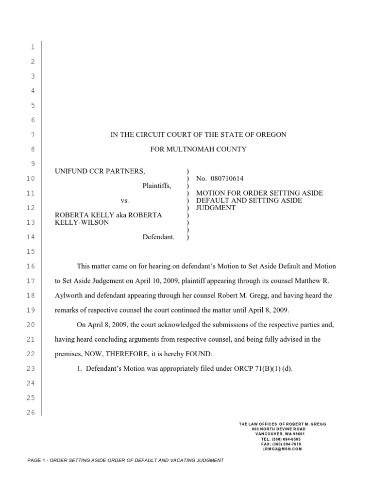 Order - Set Aside Default&JT | PDF | Judgment (Law) | United States Law