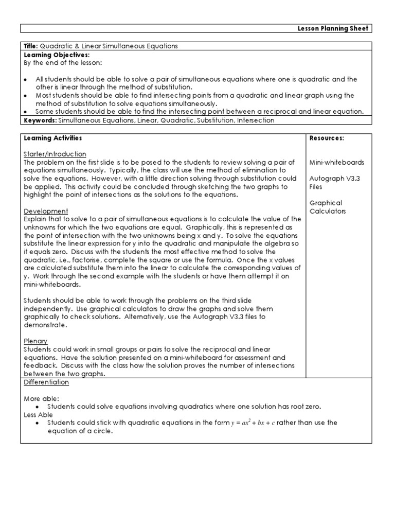 Quadratic & Linear Equation Lesson Plan | PDF | Quadratic Equation ...