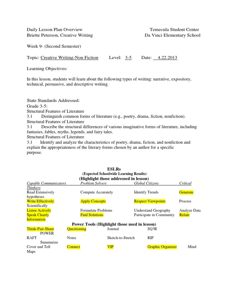 Week 9 Lesson Plan - Types of Writing | PDF | Essays | Narrative