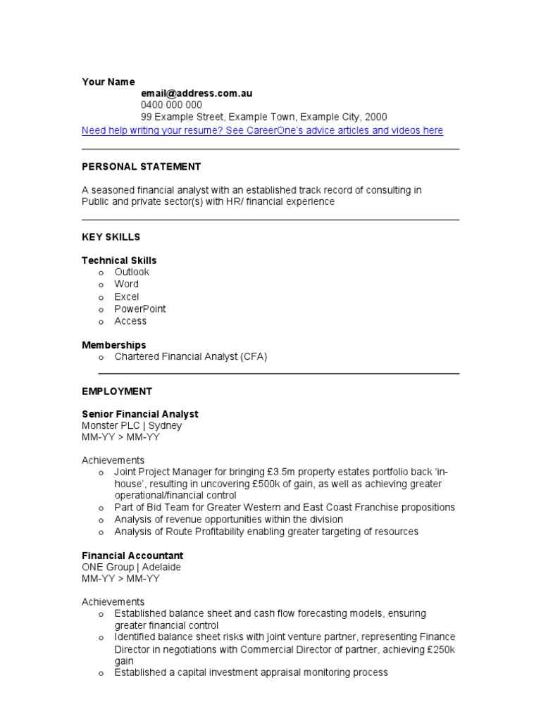 Financial Analyst CV Example | PDF | Career & Growth | Finance & Money ...