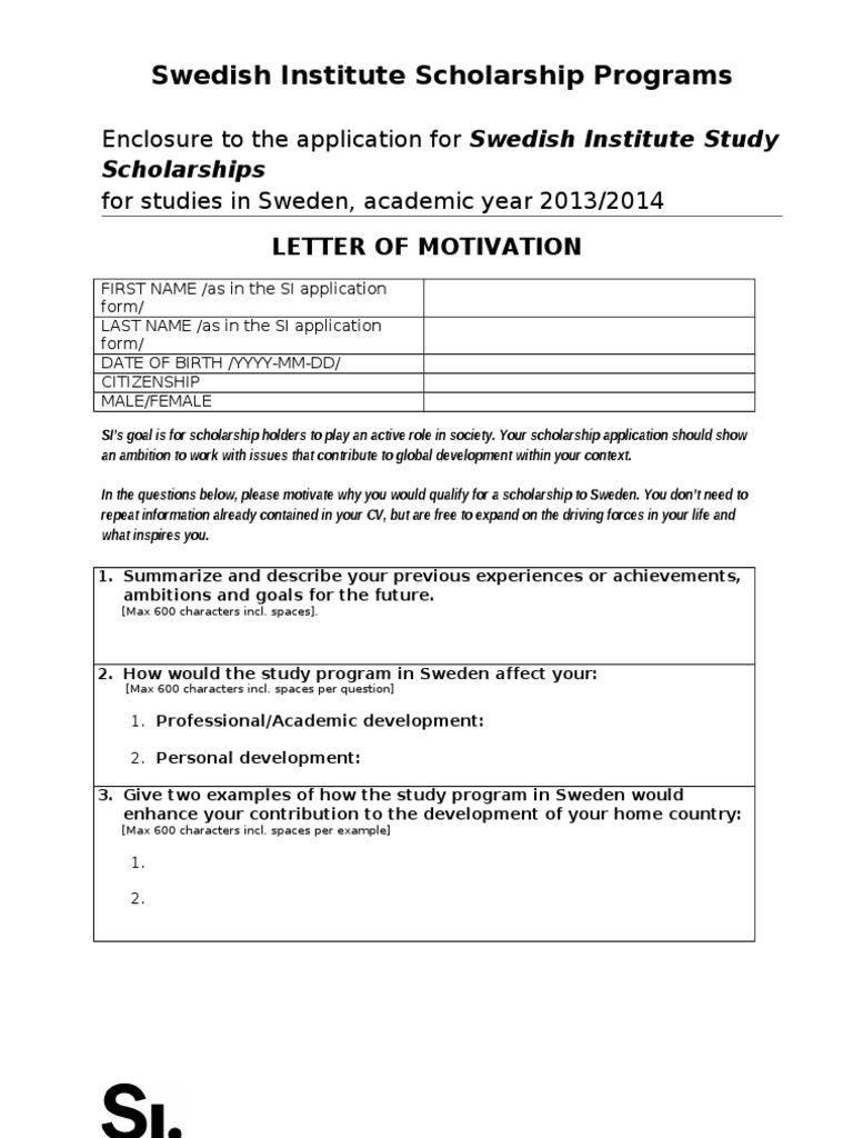 Motivation Letter SI Study Scholarships 1