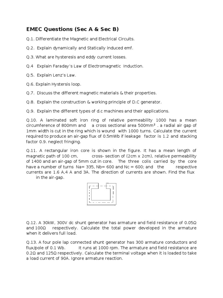 EMEC Questions for Electrical Machines | PDF | Electromagnetic ...