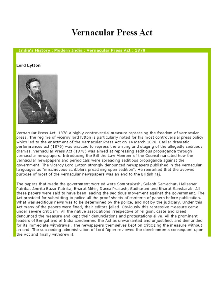 Vernacular Press Act PDF