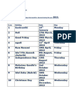 Circular - List of Holidays - 2013