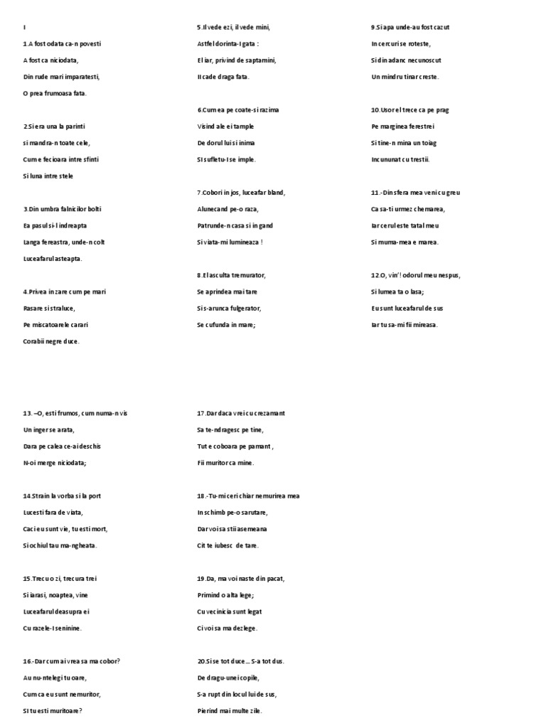 Poezia Luceafarul De Mihai Eminescu Text Poezie