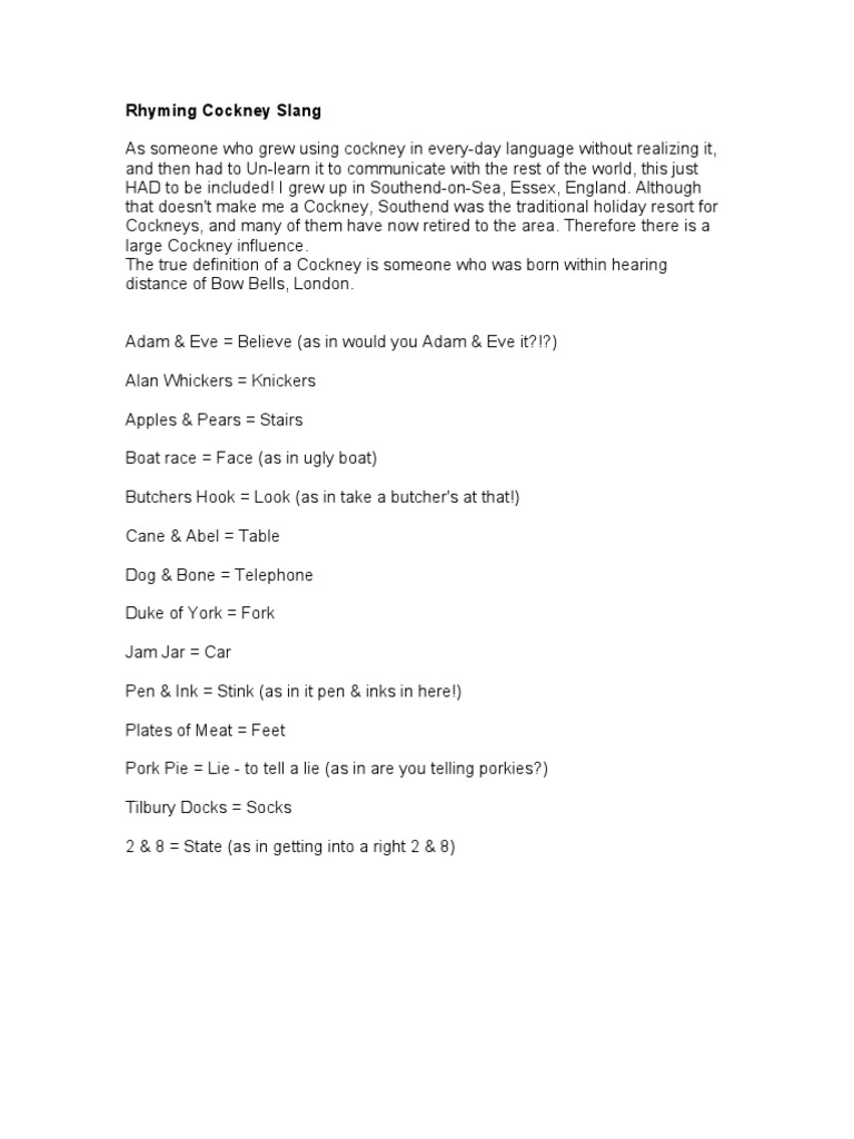 Cockney Rhyming Slang Guide | PDF | Sandwich | Beverages
