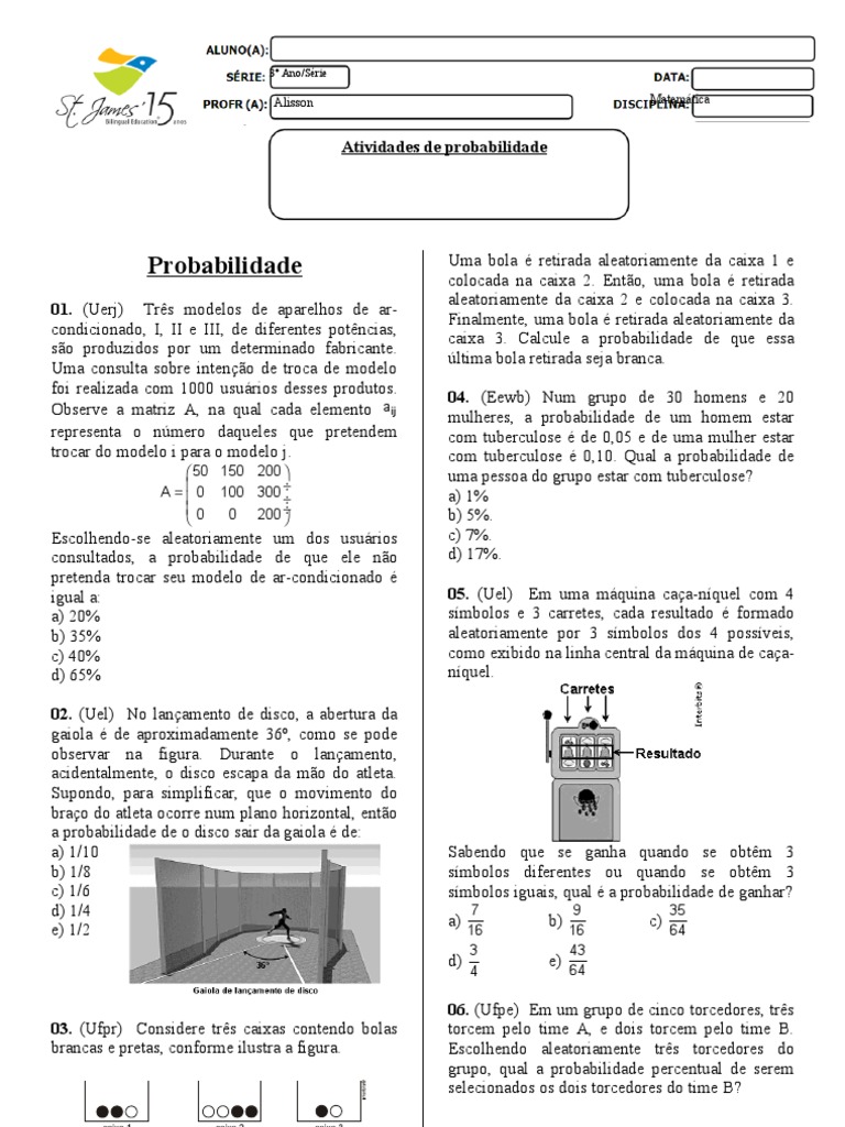 Lista de Probabilidade - 3º Ano | PDF | Dados | Probabilidade